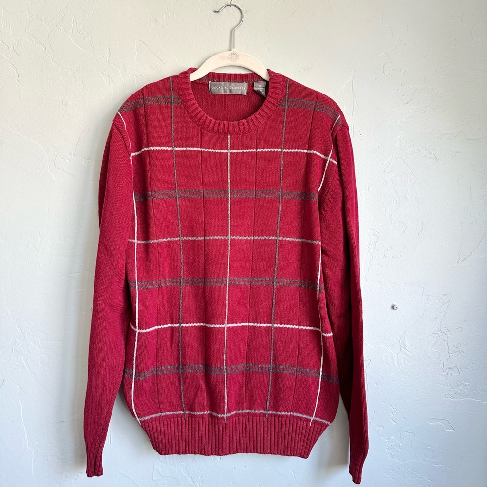 Oscar de la Renta Men’s‎ Preppy Fall Holiday Red Plaid Crewneck Sweater Medium